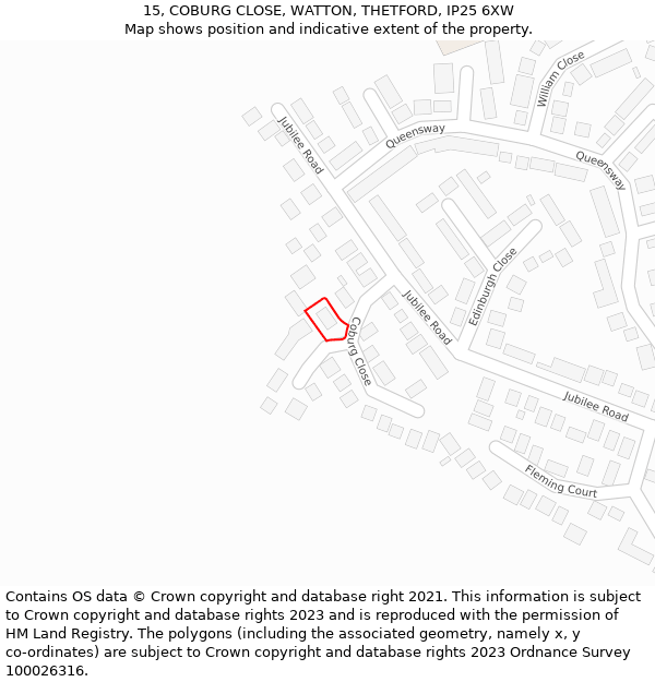15, COBURG CLOSE, WATTON, THETFORD, IP25 6XW: Location map and indicative extent of plot