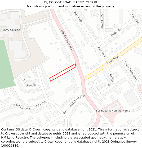 15, COLCOT ROAD, BARRY, CF62 8HJ: Location map and indicative extent of plot