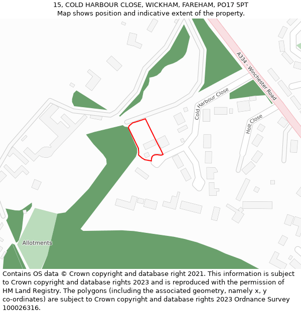 15, COLD HARBOUR CLOSE, WICKHAM, FAREHAM, PO17 5PT: Location map and indicative extent of plot