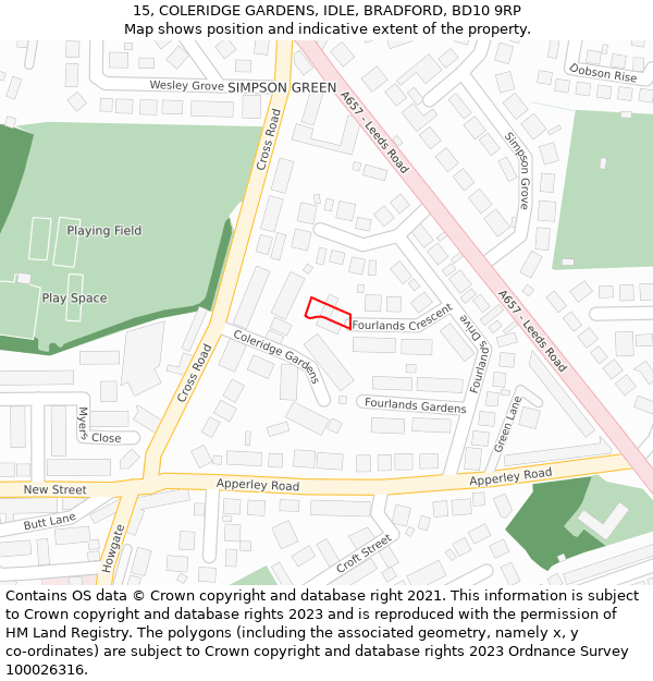 15, COLERIDGE GARDENS, IDLE, BRADFORD, BD10 9RP: Location map and indicative extent of plot