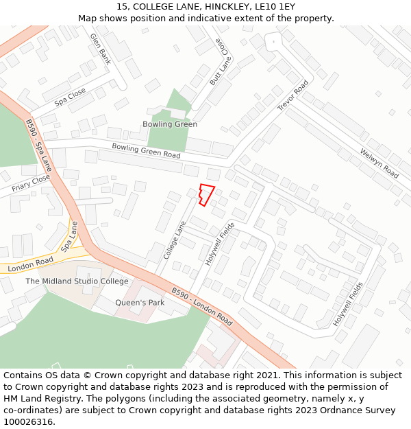 15, COLLEGE LANE, HINCKLEY, LE10 1EY: Location map and indicative extent of plot