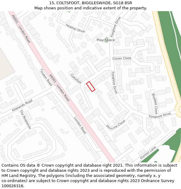 15, COLTSFOOT, BIGGLESWADE, SG18 8SR: Location map and indicative extent of plot