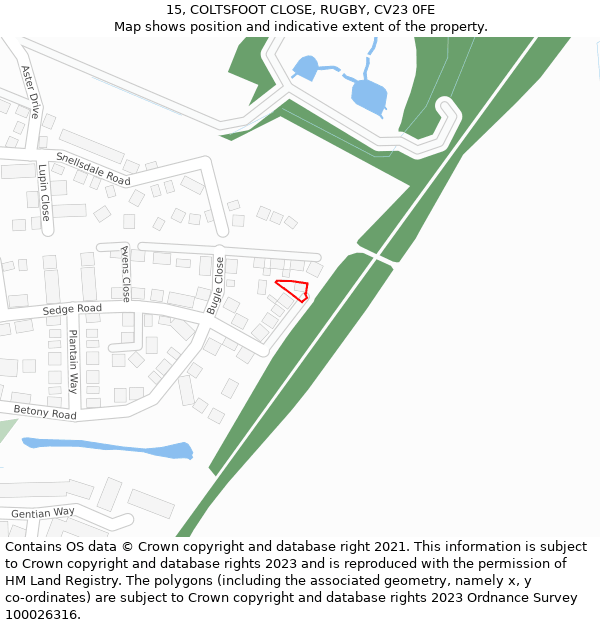 15, COLTSFOOT CLOSE, RUGBY, CV23 0FE: Location map and indicative extent of plot