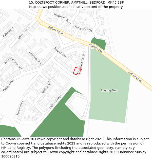 15, COLTSFOOT CORNER, AMPTHILL, BEDFORD, MK45 2BF: Location map and indicative extent of plot