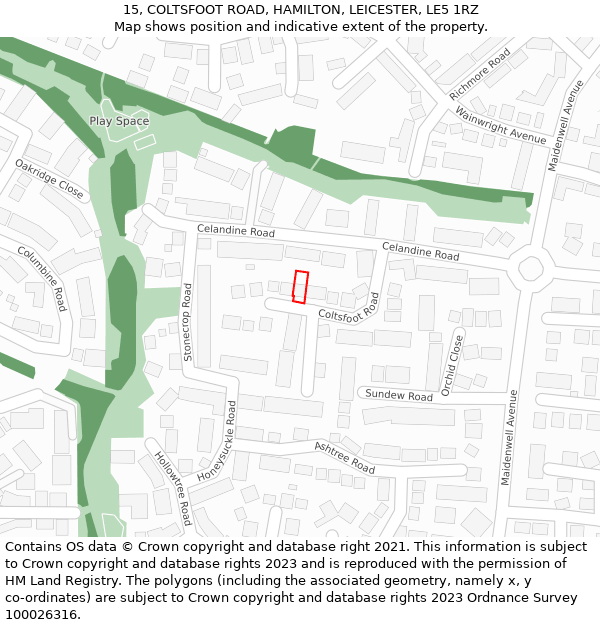 15, COLTSFOOT ROAD, HAMILTON, LEICESTER, LE5 1RZ: Location map and indicative extent of plot