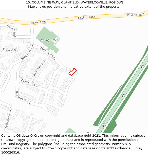 15, COLUMBINE WAY, CLANFIELD, WATERLOOVILLE, PO8 0WJ: Location map and indicative extent of plot