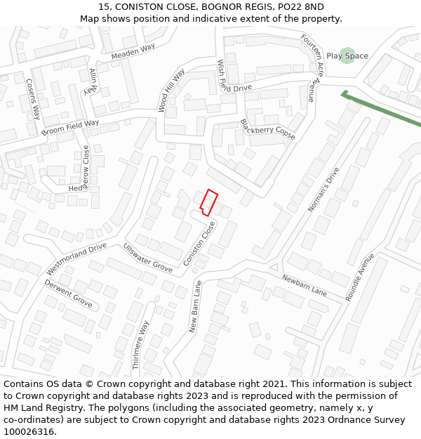 15, CONISTON CLOSE, BOGNOR REGIS, PO22 8ND: Location map and indicative extent of plot