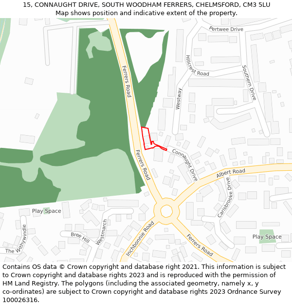 15, CONNAUGHT DRIVE, SOUTH WOODHAM FERRERS, CHELMSFORD, CM3 5LU: Location map and indicative extent of plot