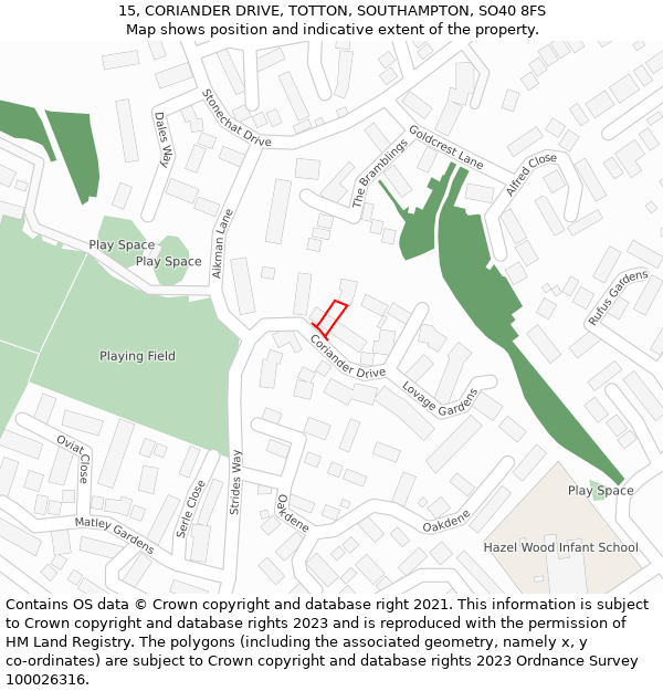 15, CORIANDER DRIVE, TOTTON, SOUTHAMPTON, SO40 8FS: Location map and indicative extent of plot