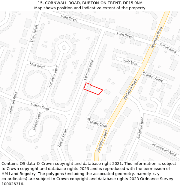 15, CORNWALL ROAD, BURTON-ON-TRENT, DE15 9NA: Location map and indicative extent of plot