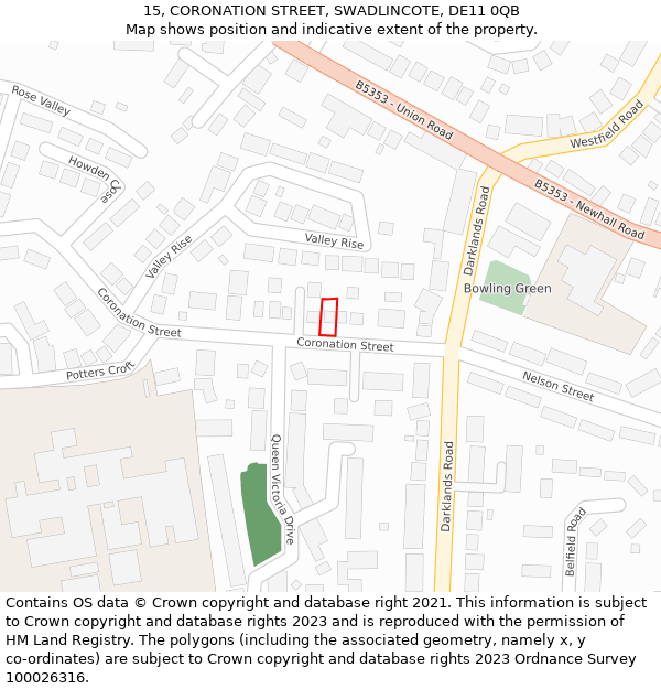 15, CORONATION STREET, SWADLINCOTE, DE11 0QB: Location map and indicative extent of plot