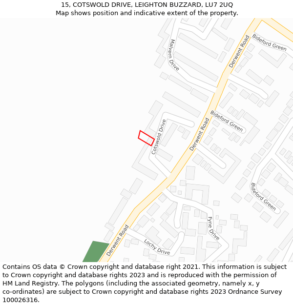 15, COTSWOLD DRIVE, LEIGHTON BUZZARD, LU7 2UQ: Location map and indicative extent of plot