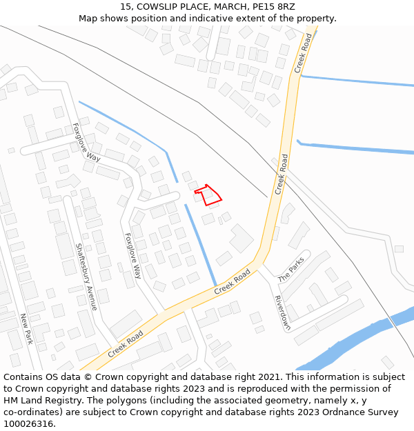 15, COWSLIP PLACE, MARCH, PE15 8RZ: Location map and indicative extent of plot