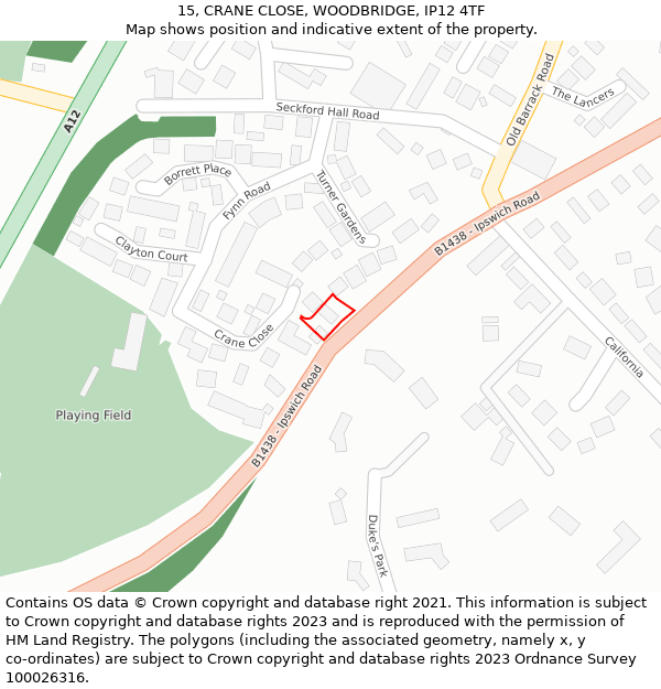15, CRANE CLOSE, WOODBRIDGE, IP12 4TF: Location map and indicative extent of plot