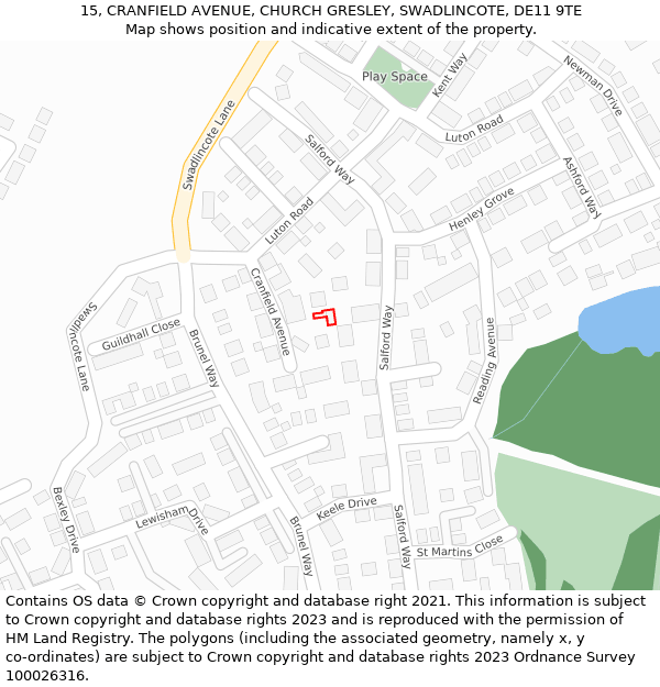 15, CRANFIELD AVENUE, CHURCH GRESLEY, SWADLINCOTE, DE11 9TE: Location map and indicative extent of plot