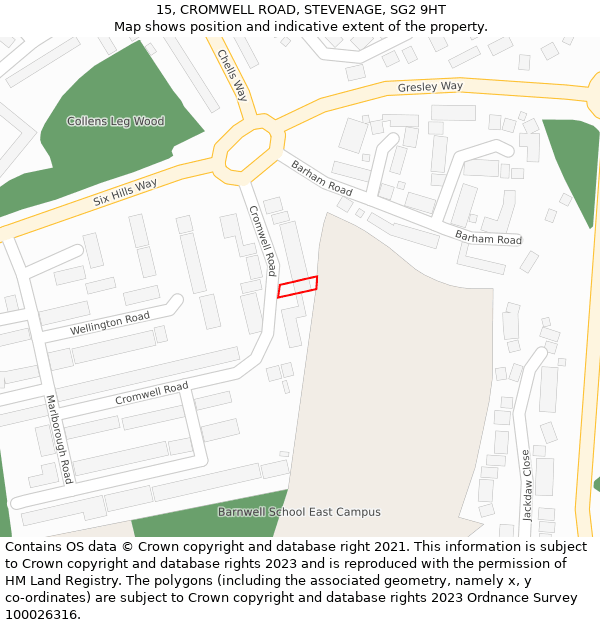 15, CROMWELL ROAD, STEVENAGE, SG2 9HT: Location map and indicative extent of plot