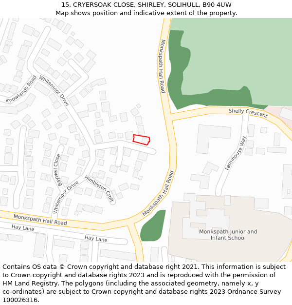 15, CRYERSOAK CLOSE, SHIRLEY, SOLIHULL, B90 4UW: Location map and indicative extent of plot