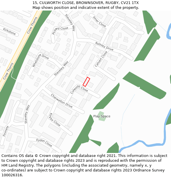 15, CULWORTH CLOSE, BROWNSOVER, RUGBY, CV21 1TX: Location map and indicative extent of plot