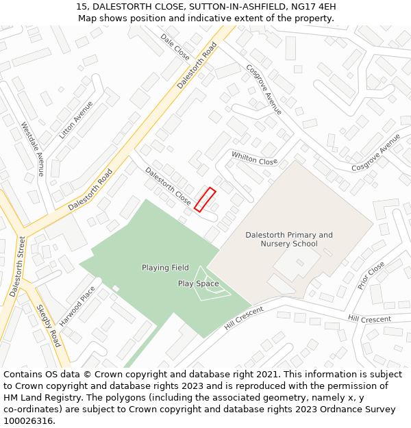 15, DALESTORTH CLOSE, SUTTON-IN-ASHFIELD, NG17 4EH: Location map and indicative extent of plot