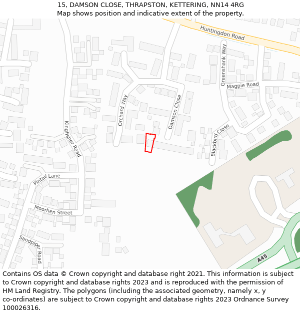 15, DAMSON CLOSE, THRAPSTON, KETTERING, NN14 4RG: Location map and indicative extent of plot