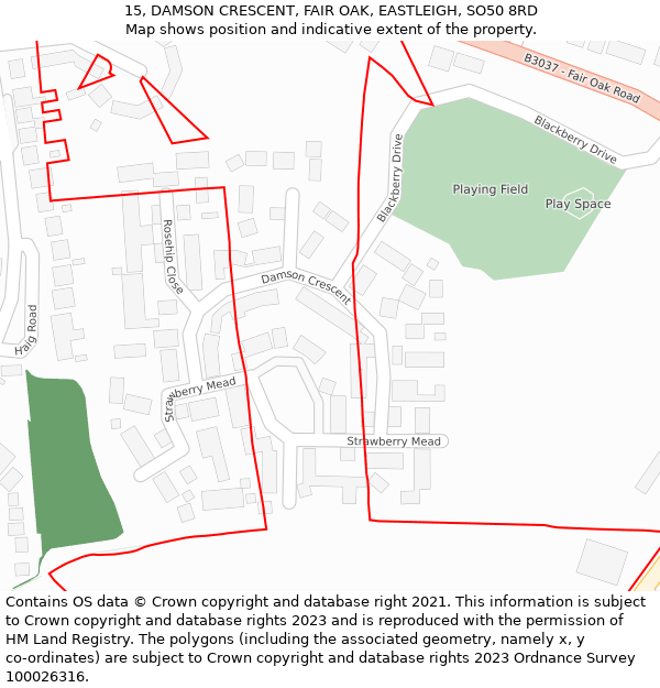 15, DAMSON CRESCENT, FAIR OAK, EASTLEIGH, SO50 8RD: Location map and indicative extent of plot