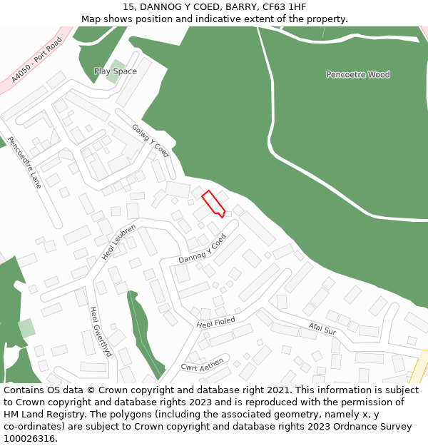 15, DANNOG Y COED, BARRY, CF63 1HF: Location map and indicative extent of plot