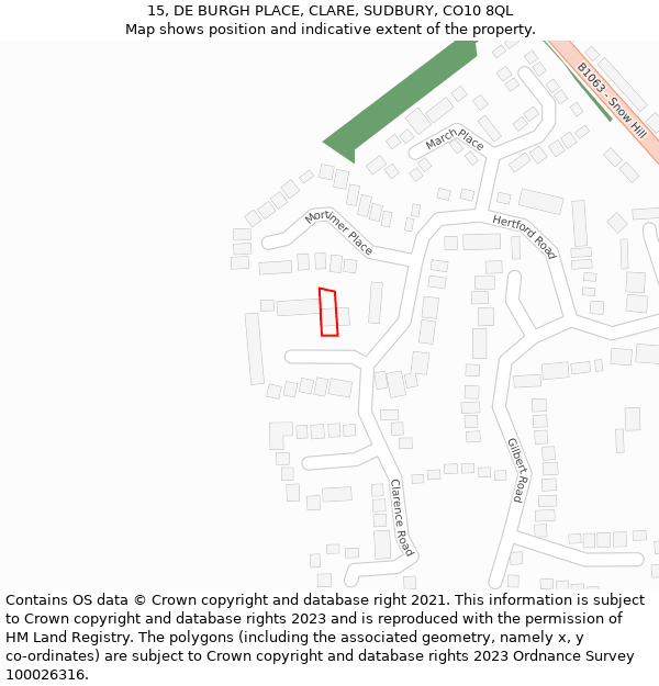 15, DE BURGH PLACE, CLARE, SUDBURY, CO10 8QL: Location map and indicative extent of plot