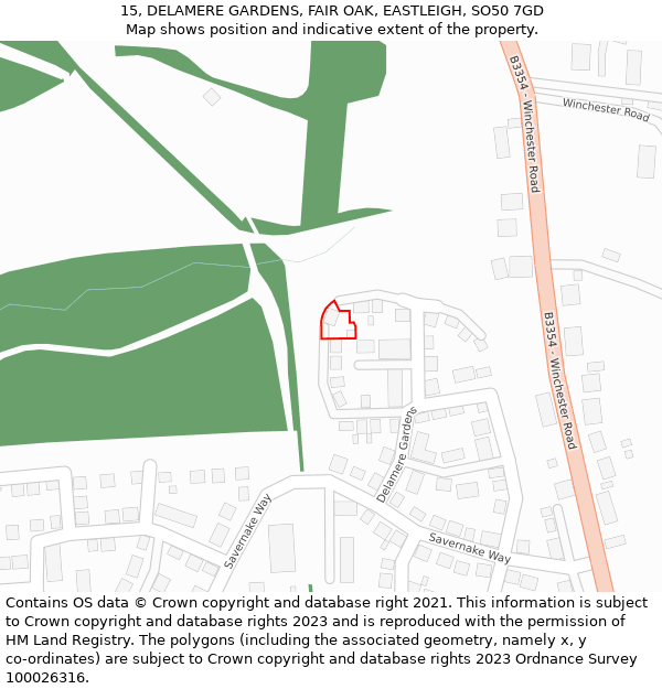 15, DELAMERE GARDENS, FAIR OAK, EASTLEIGH, SO50 7GD: Location map and indicative extent of plot