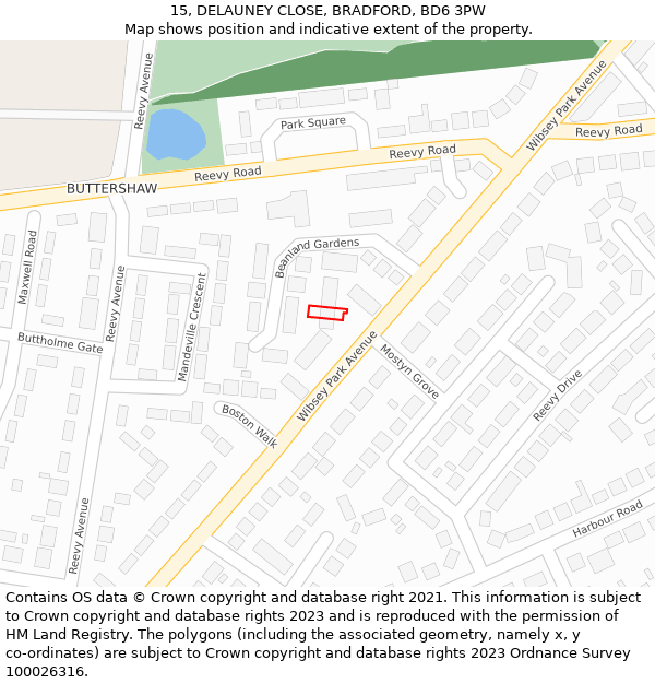 15, DELAUNEY CLOSE, BRADFORD, BD6 3PW: Location map and indicative extent of plot