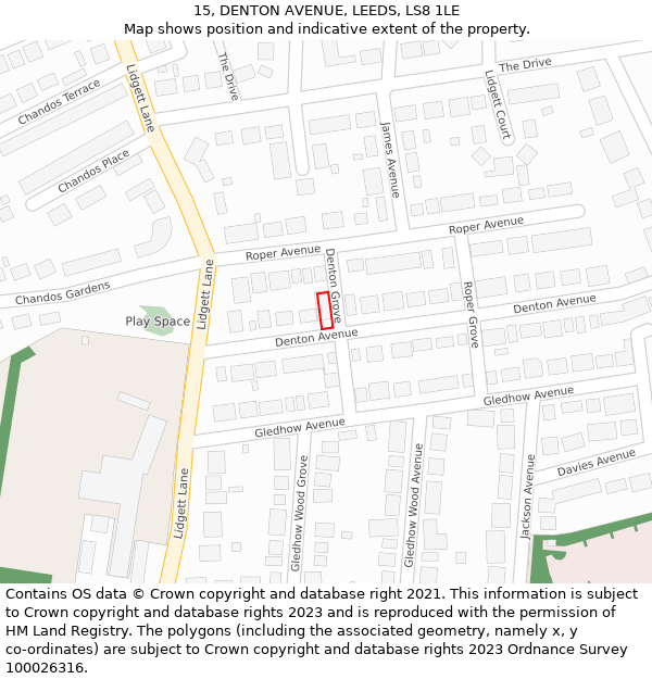 15, DENTON AVENUE, LEEDS, LS8 1LE: Location map and indicative extent of plot