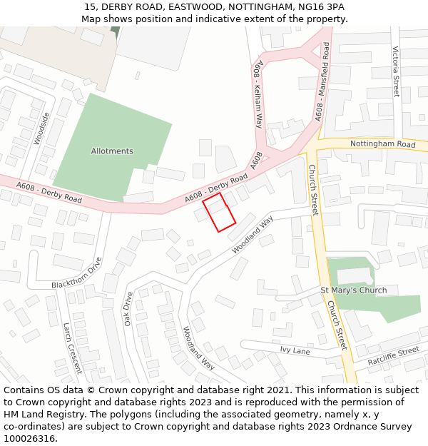 15, DERBY ROAD, EASTWOOD, NOTTINGHAM, NG16 3PA: Location map and indicative extent of plot