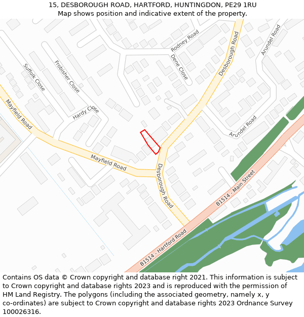 15, DESBOROUGH ROAD, HARTFORD, HUNTINGDON, PE29 1RU: Location map and indicative extent of plot