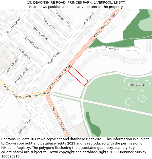 15, DEVONSHIRE ROAD, PRINCES PARK, LIVERPOOL, L8 3TX: Location map and indicative extent of plot