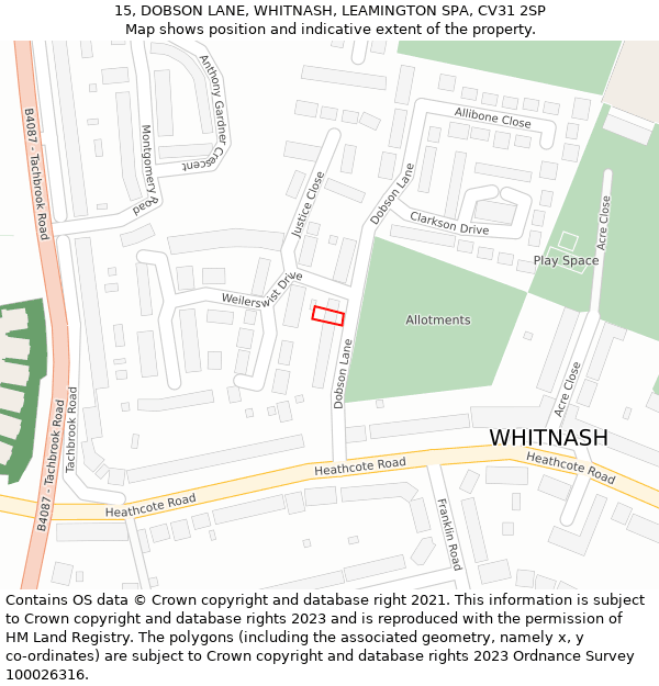 15, DOBSON LANE, WHITNASH, LEAMINGTON SPA, CV31 2SP: Location map and indicative extent of plot