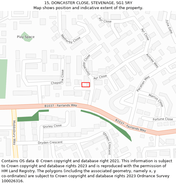 15, DONCASTER CLOSE, STEVENAGE, SG1 5RY: Location map and indicative extent of plot