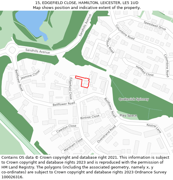 15, EDGEFIELD CLOSE, HAMILTON, LEICESTER, LE5 1UD: Location map and indicative extent of plot