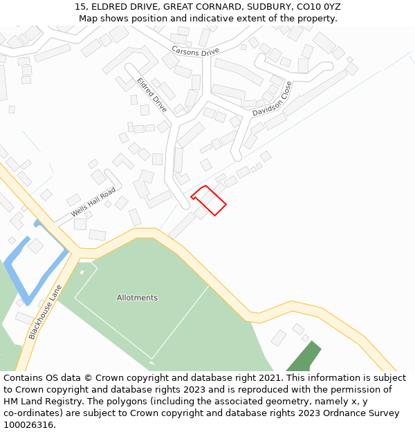 15, ELDRED DRIVE, GREAT CORNARD, SUDBURY, CO10 0YZ: Location map and indicative extent of plot