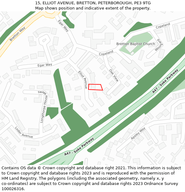 15, ELLIOT AVENUE, BRETTON, PETERBOROUGH, PE3 9TG: Location map and indicative extent of plot