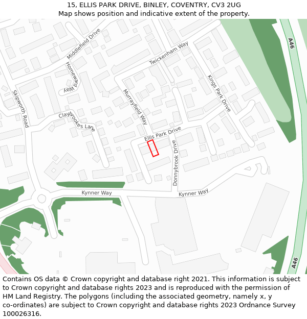 15, ELLIS PARK DRIVE, BINLEY, COVENTRY, CV3 2UG: Location map and indicative extent of plot