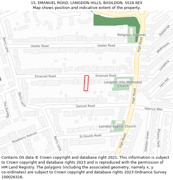 15, EMANUEL ROAD, LANGDON HILLS, BASILDON, SS16 6EX: Location map and indicative extent of plot