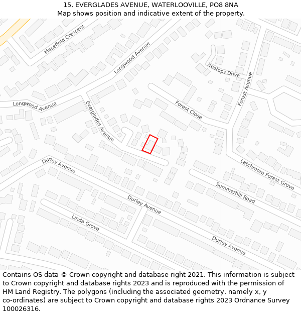 15, EVERGLADES AVENUE, WATERLOOVILLE, PO8 8NA: Location map and indicative extent of plot