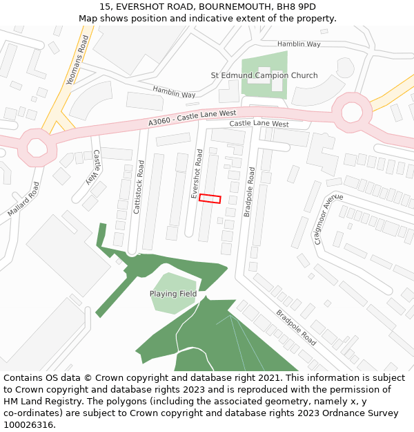 15, EVERSHOT ROAD, BOURNEMOUTH, BH8 9PD: Location map and indicative extent of plot