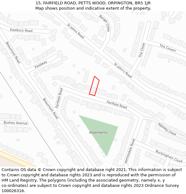 15, FAIRFIELD ROAD, PETTS WOOD, ORPINGTON, BR5 1JR: Location map and indicative extent of plot