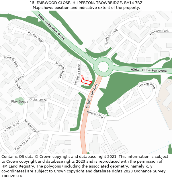 15, FAIRWOOD CLOSE, HILPERTON, TROWBRIDGE, BA14 7RZ: Location map and indicative extent of plot