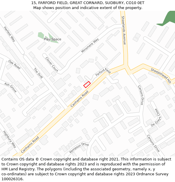 15, FARFORD FIELD, GREAT CORNARD, SUDBURY, CO10 0ET: Location map and indicative extent of plot