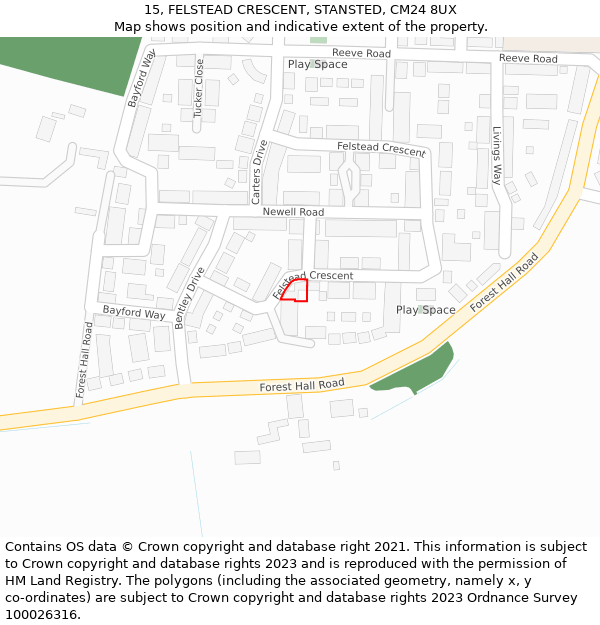 15, FELSTEAD CRESCENT, STANSTED, CM24 8UX: Location map and indicative extent of plot