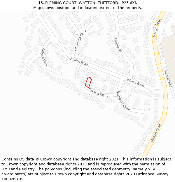 15, FLEMING COURT, WATTON, THETFORD, IP25 6XN: Location map and indicative extent of plot