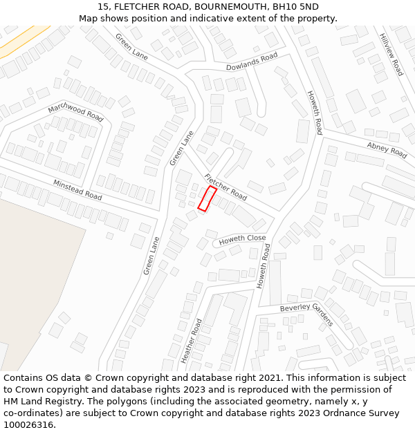 15, FLETCHER ROAD, BOURNEMOUTH, BH10 5ND: Location map and indicative extent of plot