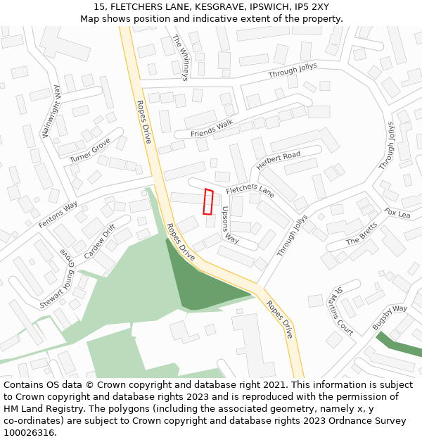 15, FLETCHERS LANE, KESGRAVE, IPSWICH, IP5 2XY: Location map and indicative extent of plot