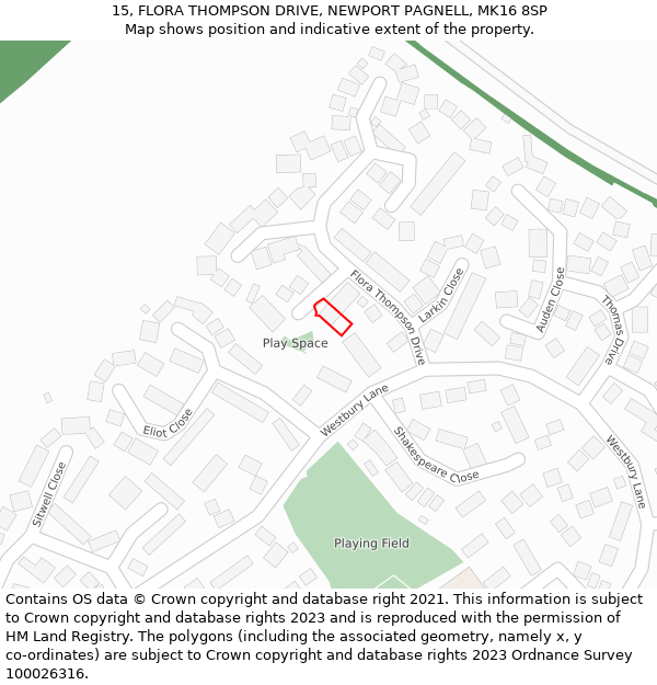 15, FLORA THOMPSON DRIVE, NEWPORT PAGNELL, MK16 8SP: Location map and indicative extent of plot